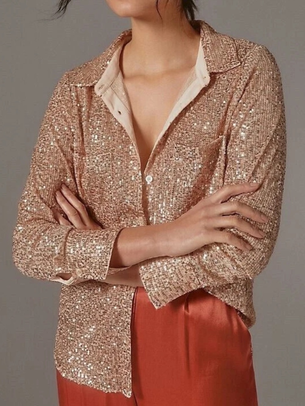 Anthropologie Sunday in Brooklyn Sequin Button Down Blouse Rose Gold Medium NWT